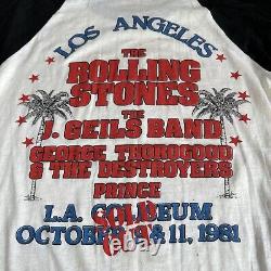 T-shirt du concert de la tournée 1981 du groupe Rolling Stones des années 80, vintage, à manches raglan, très fin en papier, Prince LA.