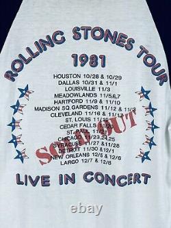Vintage 1981 Rolling Stones Tour 50/50 Vogal Baseball Shirt Band T-Shirt Lg READ <br/> 
  <br/> Traduction en français : T-shirt de baseball Vintage 1981 Rolling Stones Tour 50/50 Vogal Band T-Shirt Lg LIRE